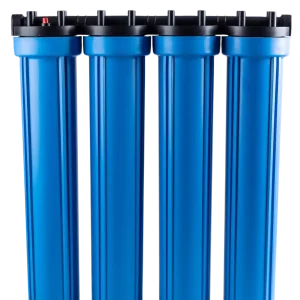 Front view of heavy-duty 4-stage filter housing for industrial and commercial use