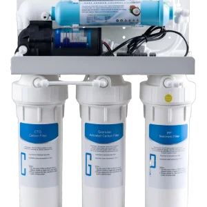Household RO water filtration system(under-sink ro water purifier): 3-stage pre-filters (Sediment, GAC, CTO) + pressure pump + coconut shell post-carbon filter.