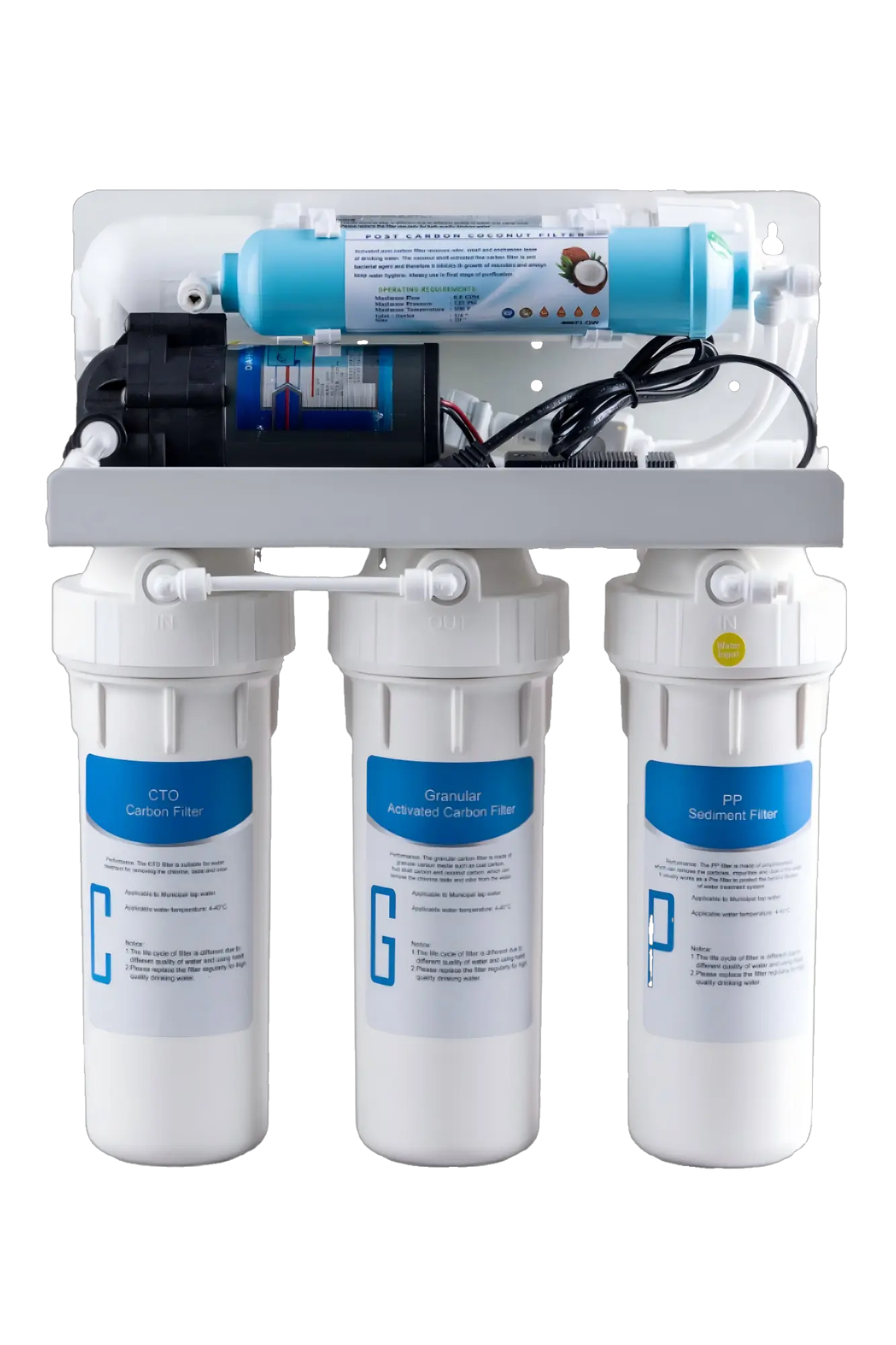 Household RO water filtration system(under-sink ro water purifier): 3-stage pre-filters (Sediment, GAC, CTO) + pressure pump + coconut shell post-carbon filter.