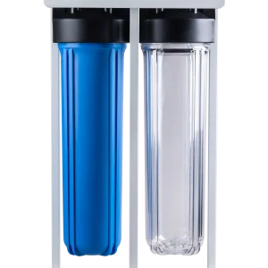 Front view of 20-inch big blue 2-stage filter housings with bracket and pressure gauges