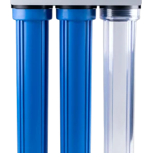 Front view of 20-inch triple filter housing system with steel mounting bracket