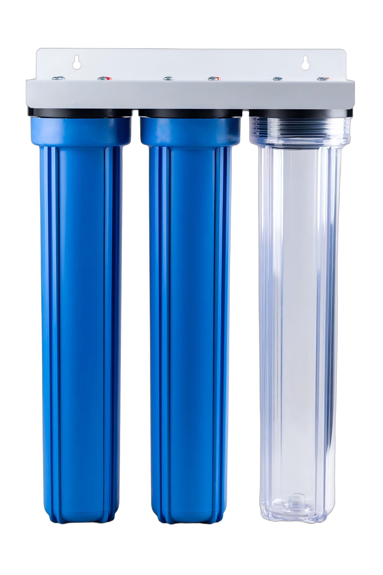 Front view of 20-inch triple filter housing system with steel mounting bracket