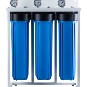 20-inch Big Blue triple filter housing system with pressure gauges and metal bracket for whole house water filtration