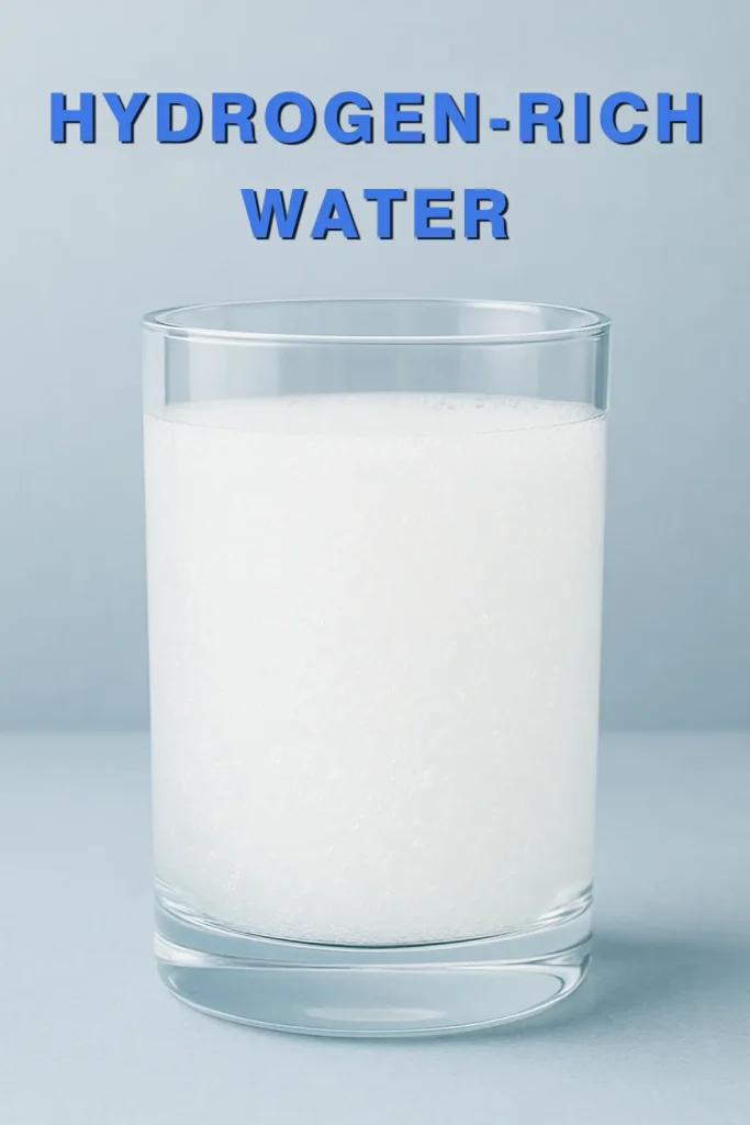 Glass of opalescent hydrogen-rich water with micro-bubbles against a gradient blue-gray background, labeled "HYDROGEN-RICH WATER" in bold typography.