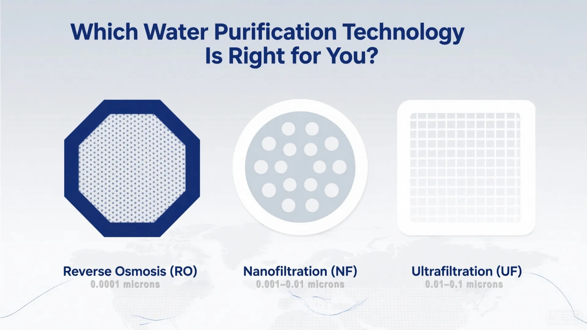 Which Water Purification Technology Is Right for You? the left side is Reverse Osmosis (RO), the middle is Nanofiltration (NF), and the right side is Ultrafiltration (UF).